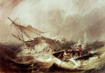 Roeien om schipbreukelingen te redden voor de kust van Northumberland